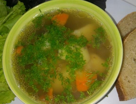 Soup of chicken hearts and stomachs with buckwheat