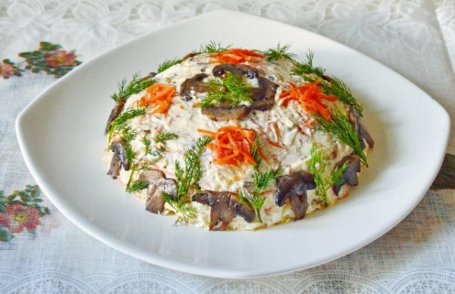 Korean carrot salad, chicken and mushrooms with mayonnaise