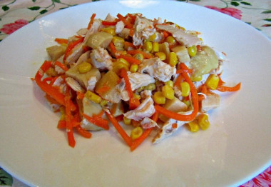 Salad with chicken and Korean carrots and pickled mushrooms