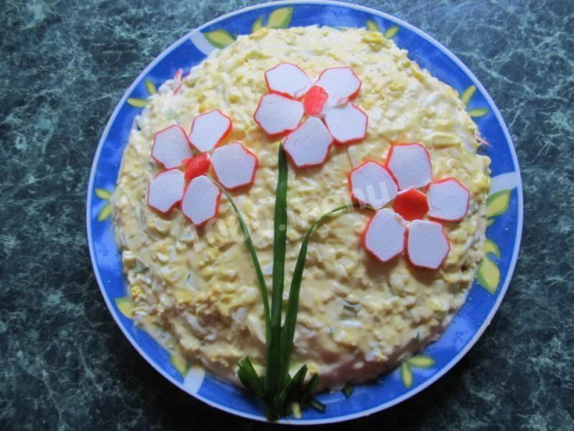 Salad with melted cheese, cucumber and crab sticks