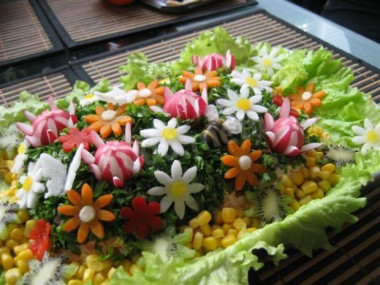 Salad with smoked breast cucumbers radishes prunes