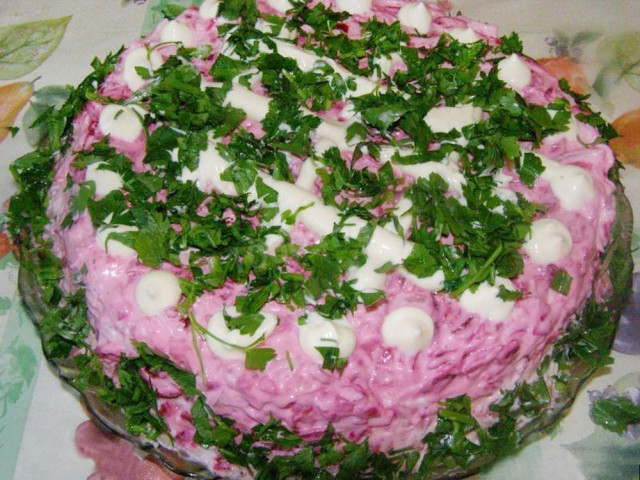 Beetroot salad, potatoes, herring