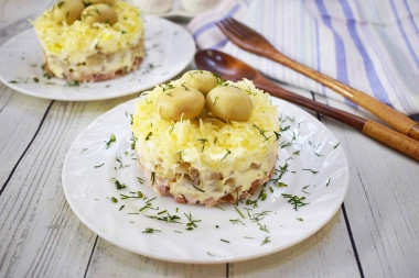 Salad boiled egg smoked chicken cheese pickled mushrooms