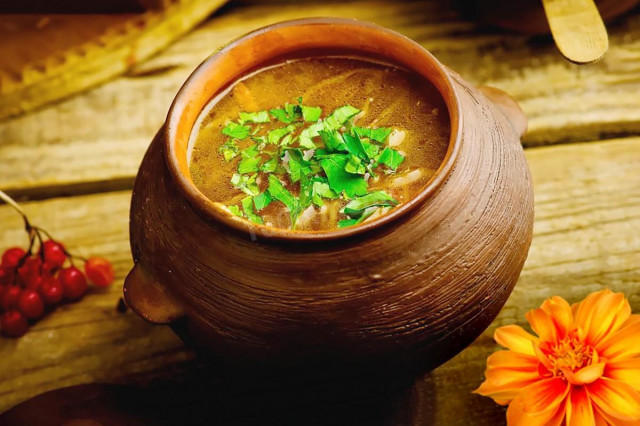 Cabbage soup without meat in broth with cabbage stalk