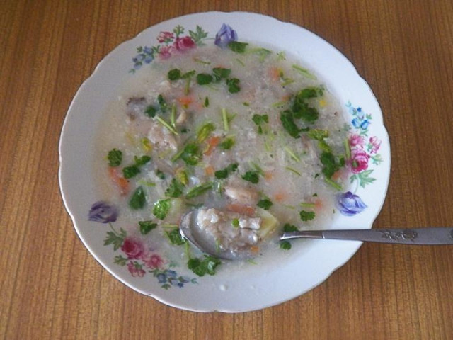 Soup with onions, potatoes, carrots, mushroom and rice