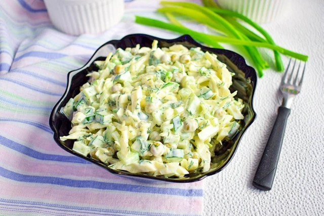 Salad with green peas, egg and cucumber