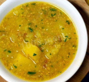 Potato soup with beef and celery