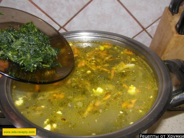 Green borscht on meat with sorrel, greens and egg