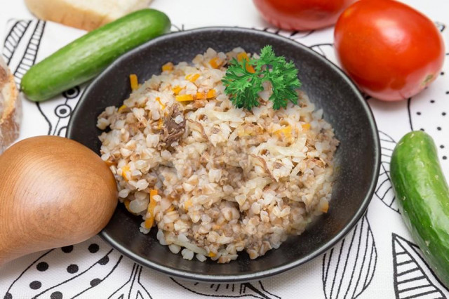 Buckwheat with stewed meat in a saucepan