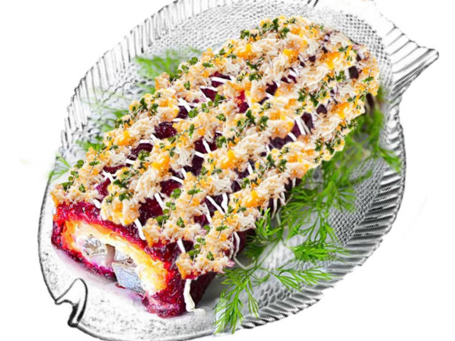 Herring roll under a fur coat with pickled onions