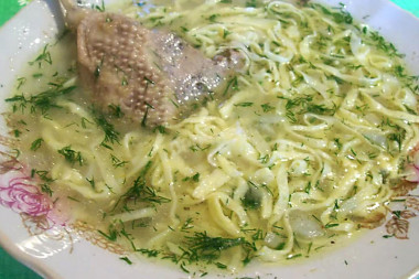 Duck soup with homemade noodles, herbs and spices