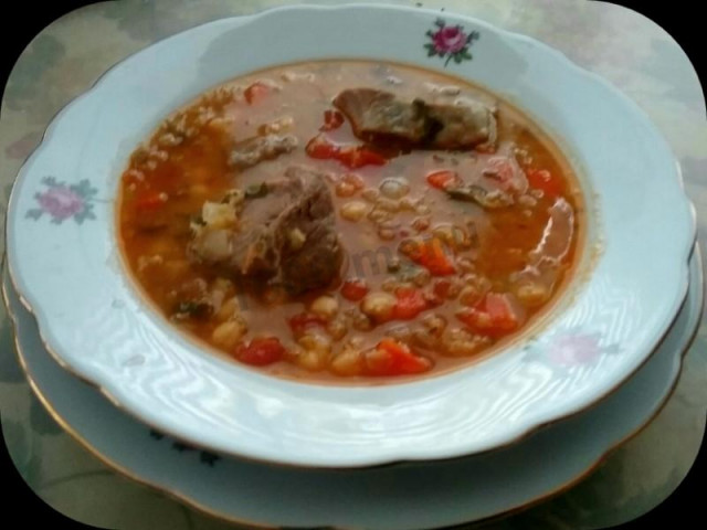 Thick soup with red lentils and chickpeas