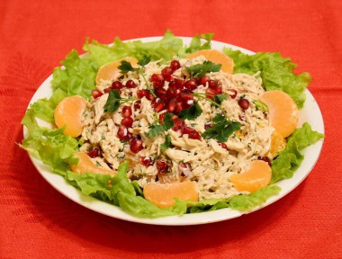 Salad with chicken fillet, matzoni, pomegranates and walnuts