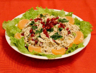 Salad with chicken fillet, matzoni, pomegranates and walnuts