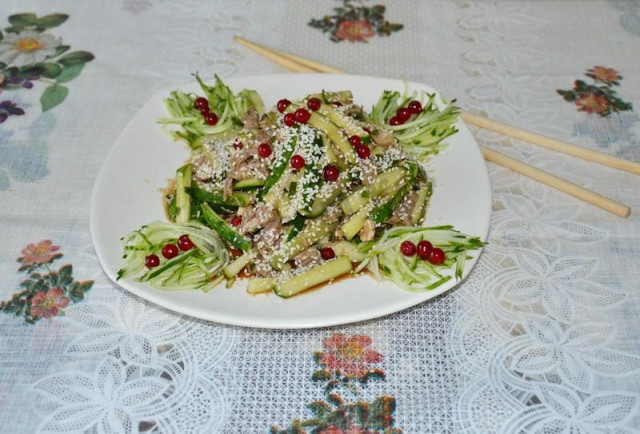 Salad with soy sauce beef cucumbers