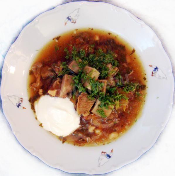 Cabbage soup full of Chowder in a pot with beef and mushrooms