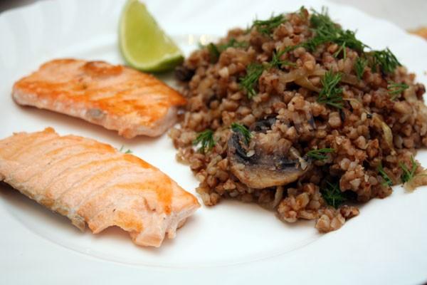 Buckwheat porridge with mushrooms and salmon