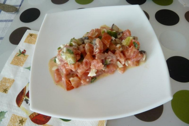 Salad with red fish and pickled mushrooms