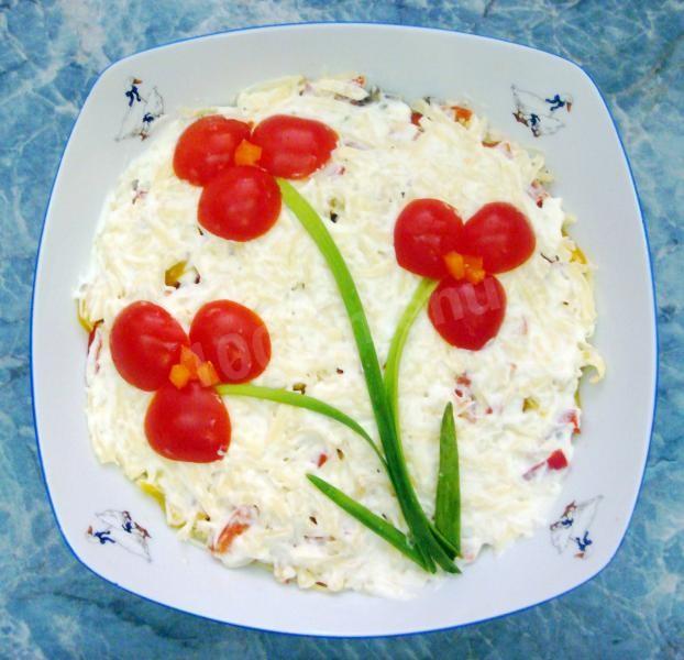 Layered salad with chicken mushrooms and cheese