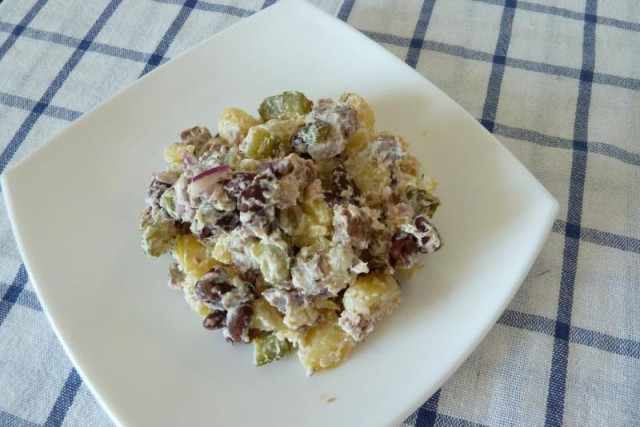 Tsada salad with beans and beef and sour cream with cucumbers