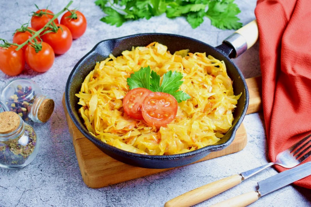 Fried cabbage in a frying pan