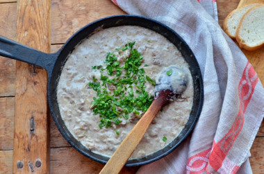 Chicken liver in sour cream with onions, fried in a pan