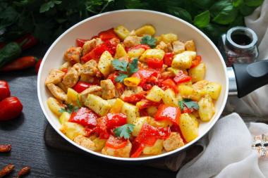 Chicken fillet with zucchini in a frying pan