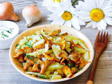 Fried potatoes with chanterelles and onions in a pan