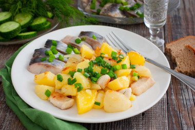 Fried potatoes with chicken fillet in a frying pan