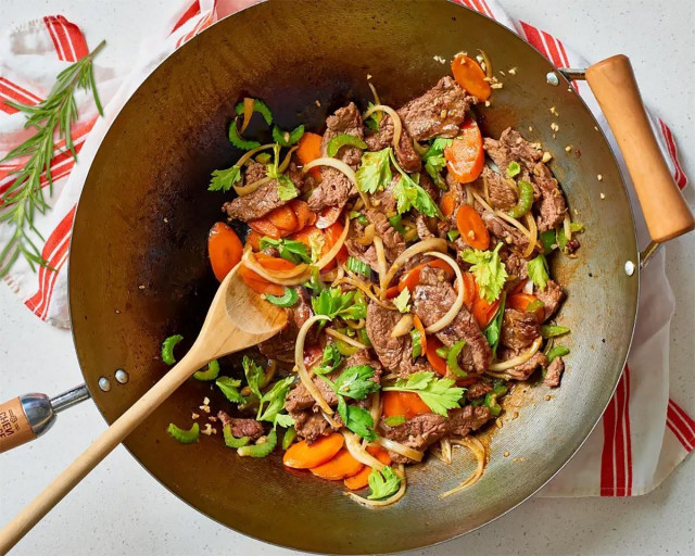 Fried meat with vegetables in a pan