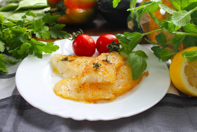 Halibut fillet fried in a frying pan