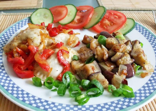 Fried eggplant with onions on the side