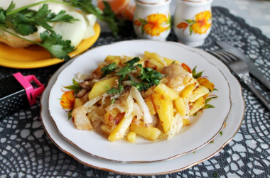 Fried potatoes with cabbage and onions