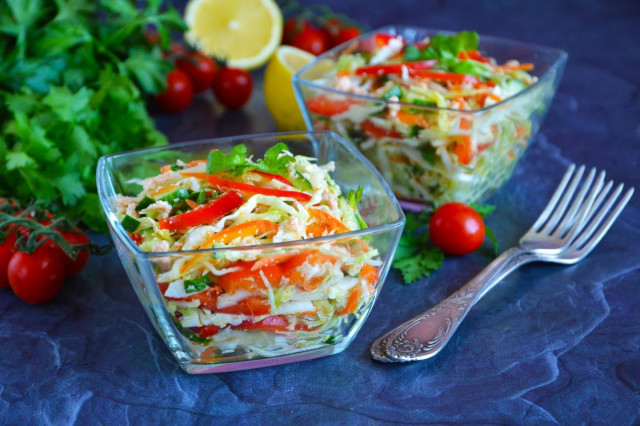 Salad with pollock caviar, cabbage and cucumber