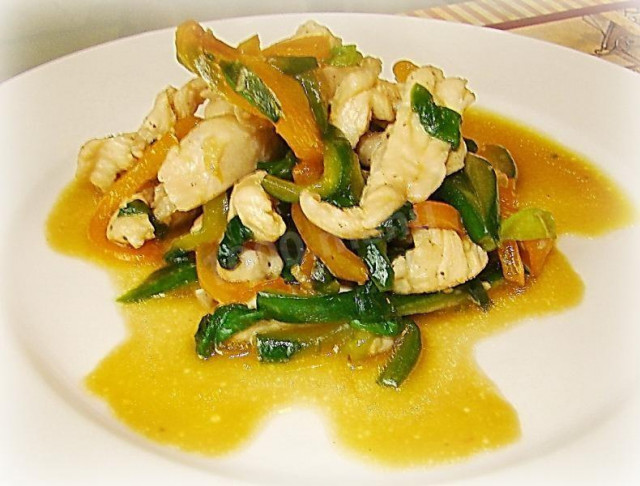 Fried chicken fillet in a frying pan in Chinese