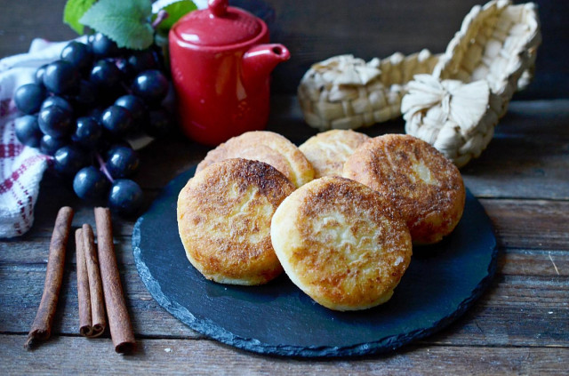 Classic cottage cheese pancakes in a frying pan