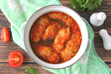 Cabbage rolls made from fresh cabbage with meat in a saucepan