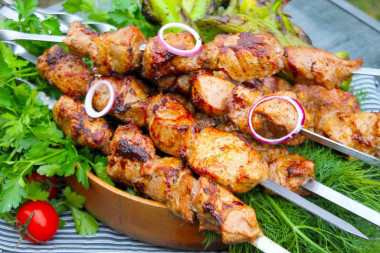 Shish kebab in marinade with mayonnaise and pork onion