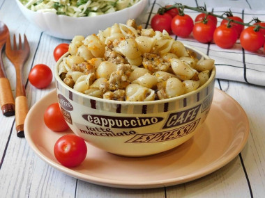 Pasta with minced meat in a frying pan