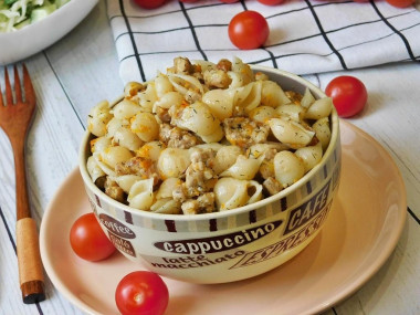 Pasta with minced meat in a frying pan