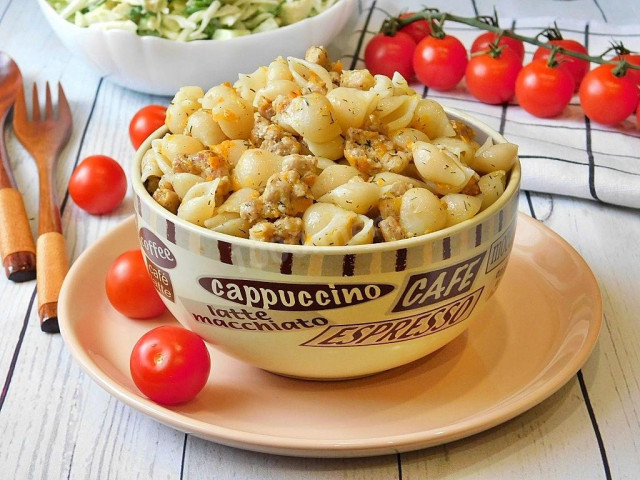 Pasta with minced meat in a frying pan