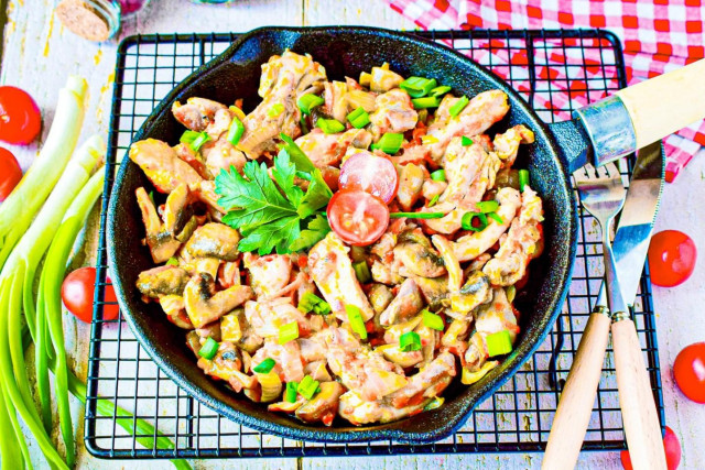 Chicken fillet with mushrooms in a frying pan