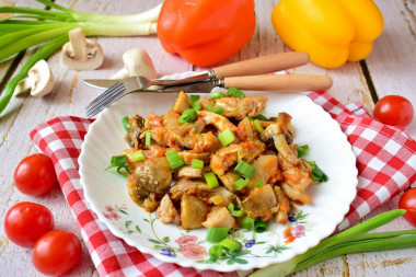 Chicken fillet with mushrooms in a frying pan