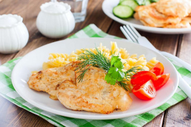 Chicken fillet in batter in a frying pan