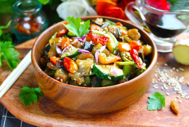 Vegetables in soy sauce in a frying pan