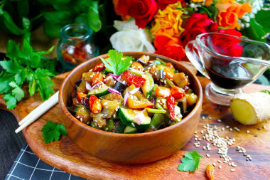 Vegetables in soy sauce in a frying pan