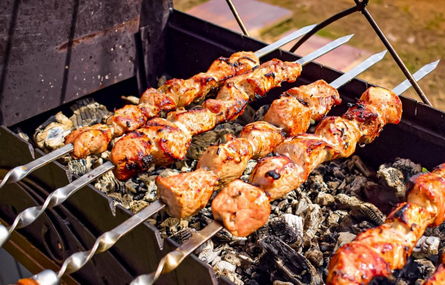 Pork shish kebab with lemon and onion